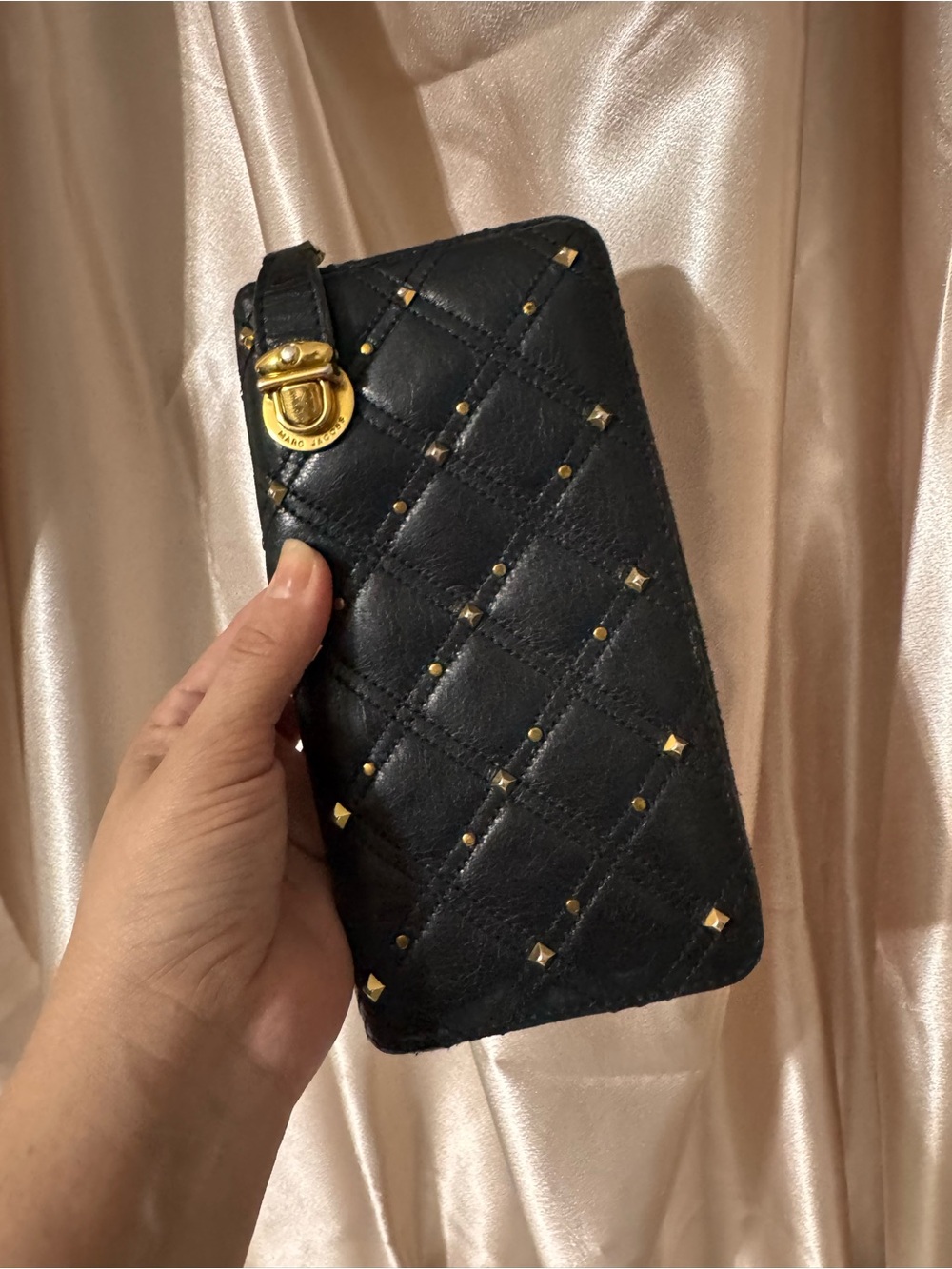 Marc Jacobs Black Quilted Studded wallet with Gold Accent